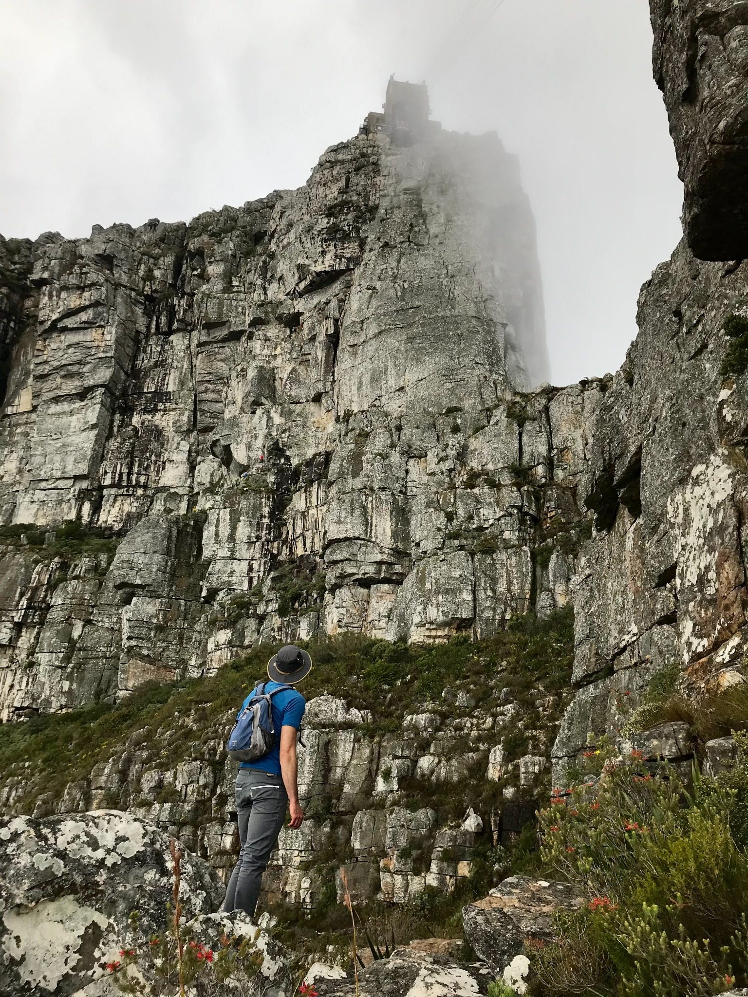 Cloud and mist moving around the upper cable station on Table Mountain