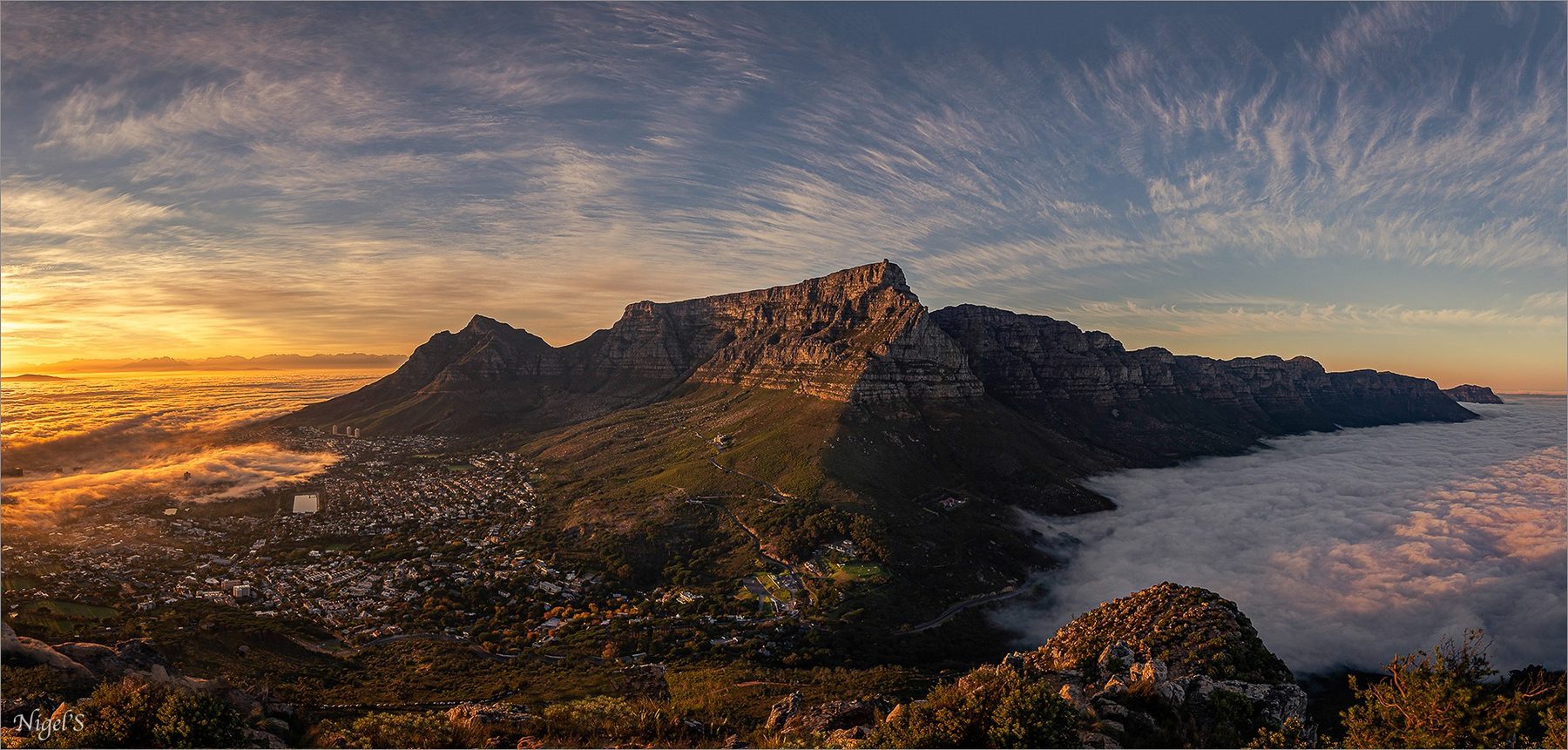 Table Mountain seen in warm light above Cape Town